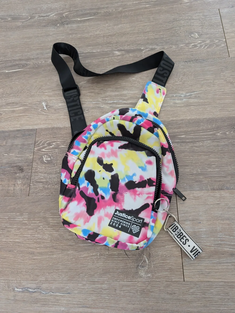 Justice Multicolor Tie-Dye Sling Bag with Black Strap